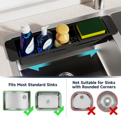 Extendable Kitchen Sink Caddy, Small Brush Sponge Storage Holder | Expandable Kitchen In Sink Organizer for Brush & Sponge with Drainage, Adjustable Length, Non-Slip Pads, Durable ABS (Black)