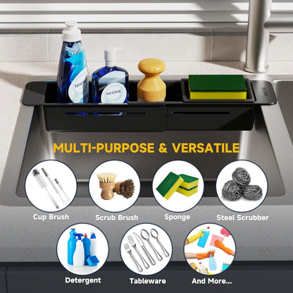 Extendable Kitchen Sink Caddy, Small Brush Sponge Storage Holder | Expandable Kitchen In Sink Organizer for Brush & Sponge with Drainage, Adjustable Length, Non-Slip Pads, Durable ABS (Black)