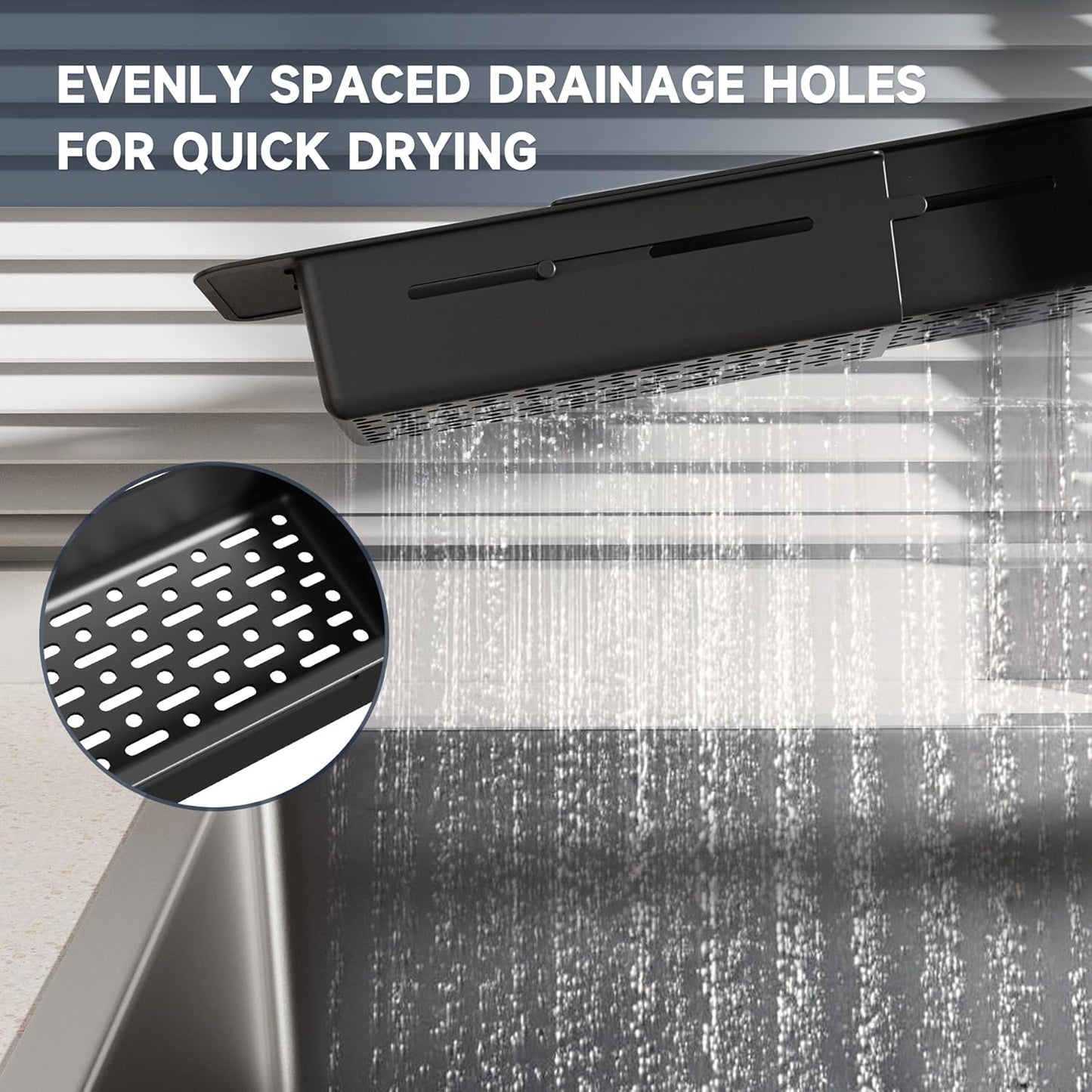 Extendable Kitchen Sink Caddy, Small Brush Sponge Storage Holder | Expandable Kitchen In Sink Organizer for Brush & Sponge with Drainage, Adjustable Length, Non-Slip Pads, Durable ABS (Black)
