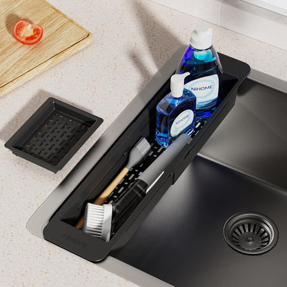 Extendable Kitchen Sink Caddy, Small Brush Sponge Storage Holder | Expandable Kitchen In Sink Organizer for Brush & Sponge with Drainage, Adjustable Length, Non-Slip Pads, Durable ABS (Black)