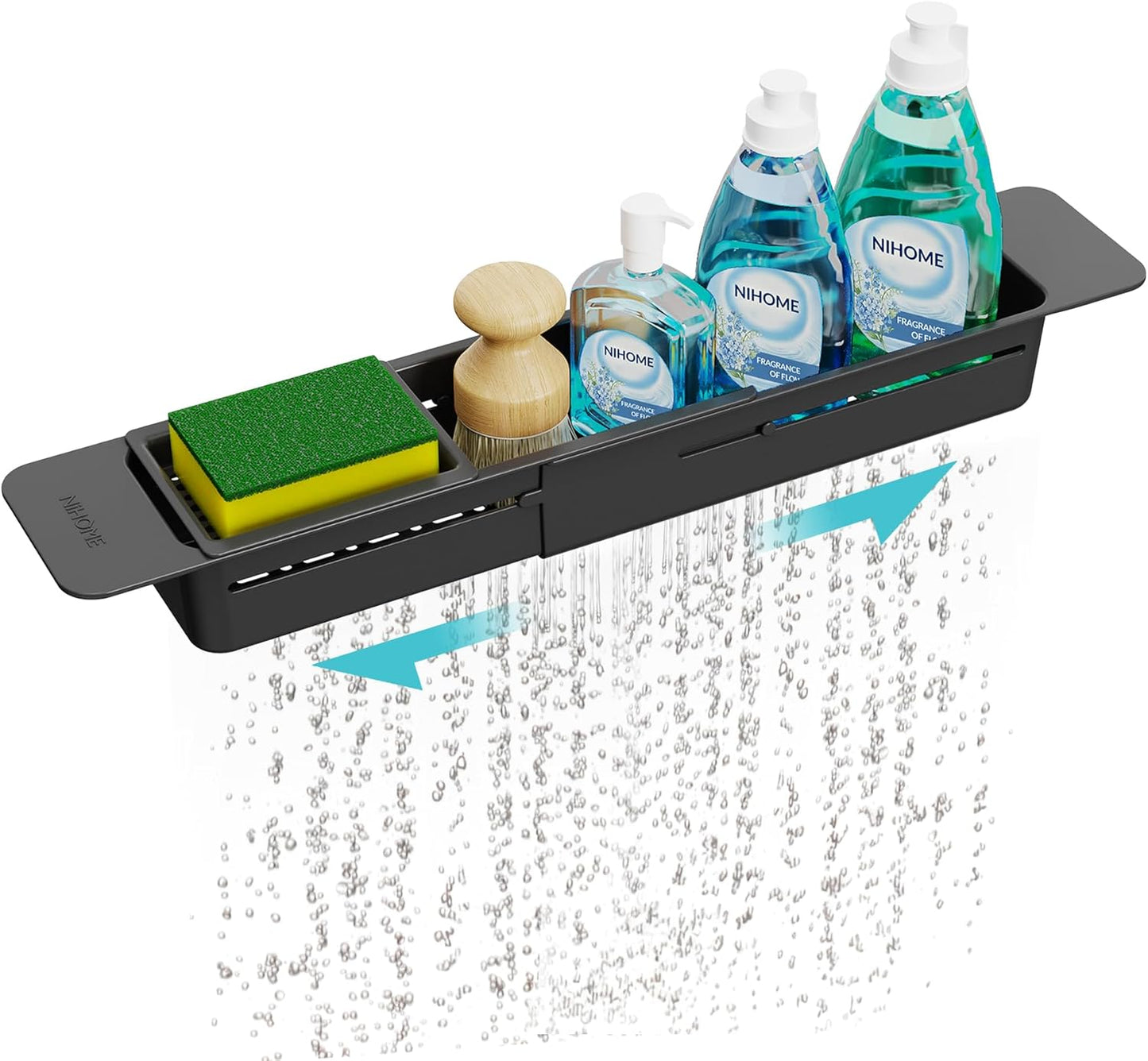 Extendable Kitchen Sink Caddy, Small Brush Sponge Storage Holder | Expandable Kitchen In Sink Organizer for Brush & Sponge with Drainage, Adjustable Length, Non-Slip Pads, Durable ABS (Black)