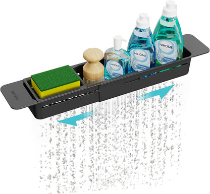 Extendable Kitchen Sink Caddy, Small Brush Sponge Storage Holder | Expandable Kitchen In Sink Organizer for Brush & Sponge with Drainage, Adjustable Length, Non-Slip Pads, Durable ABS (Black)