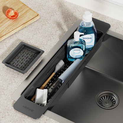Extendable Kitchen Sink Caddy, Small Brush Sponge Storage Holder | Expandable Kitchen In Sink Organizer for Brush & Sponge with Drainage, Adjustable Length, Non-Slip Pads, Durable ABS (Black)