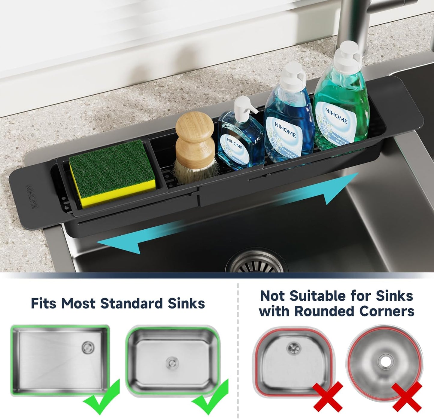 Extendable Kitchen Sink Caddy, Small Brush Sponge Storage Holder | Expandable Kitchen In Sink Organizer for Brush & Sponge with Drainage, Adjustable Length, Non-Slip Pads, Durable ABS (Black)