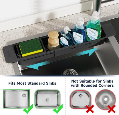 Extendable Kitchen Sink Caddy, Small Brush Sponge Storage Holder | Expandable Kitchen In Sink Organizer for Brush & Sponge with Drainage, Adjustable Length, Non-Slip Pads, Durable ABS (Black)
