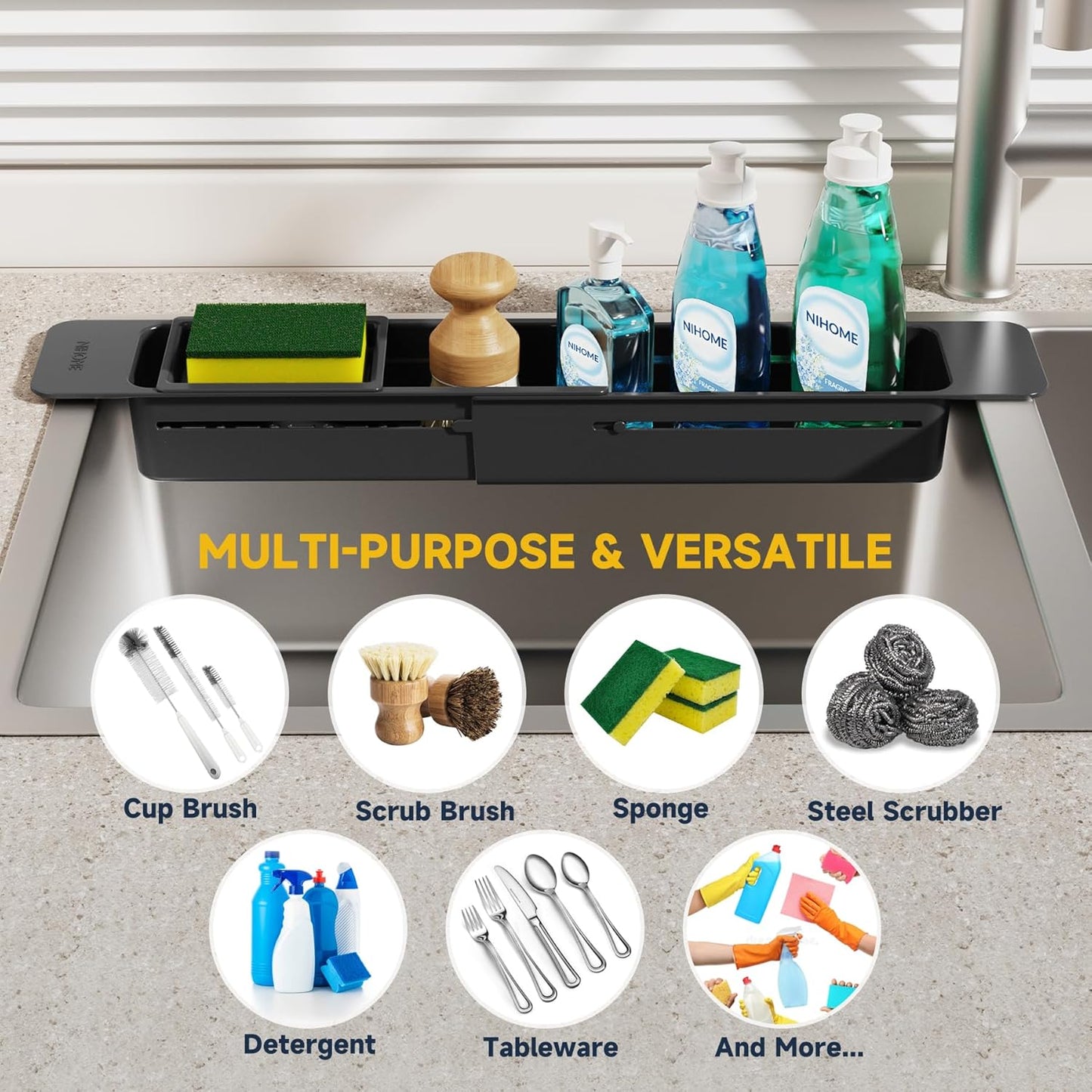 Extendable Kitchen Sink Caddy, Small Brush Sponge Storage Holder | Expandable Kitchen In Sink Organizer for Brush & Sponge with Drainage, Adjustable Length, Non-Slip Pads, Durable ABS (Black)