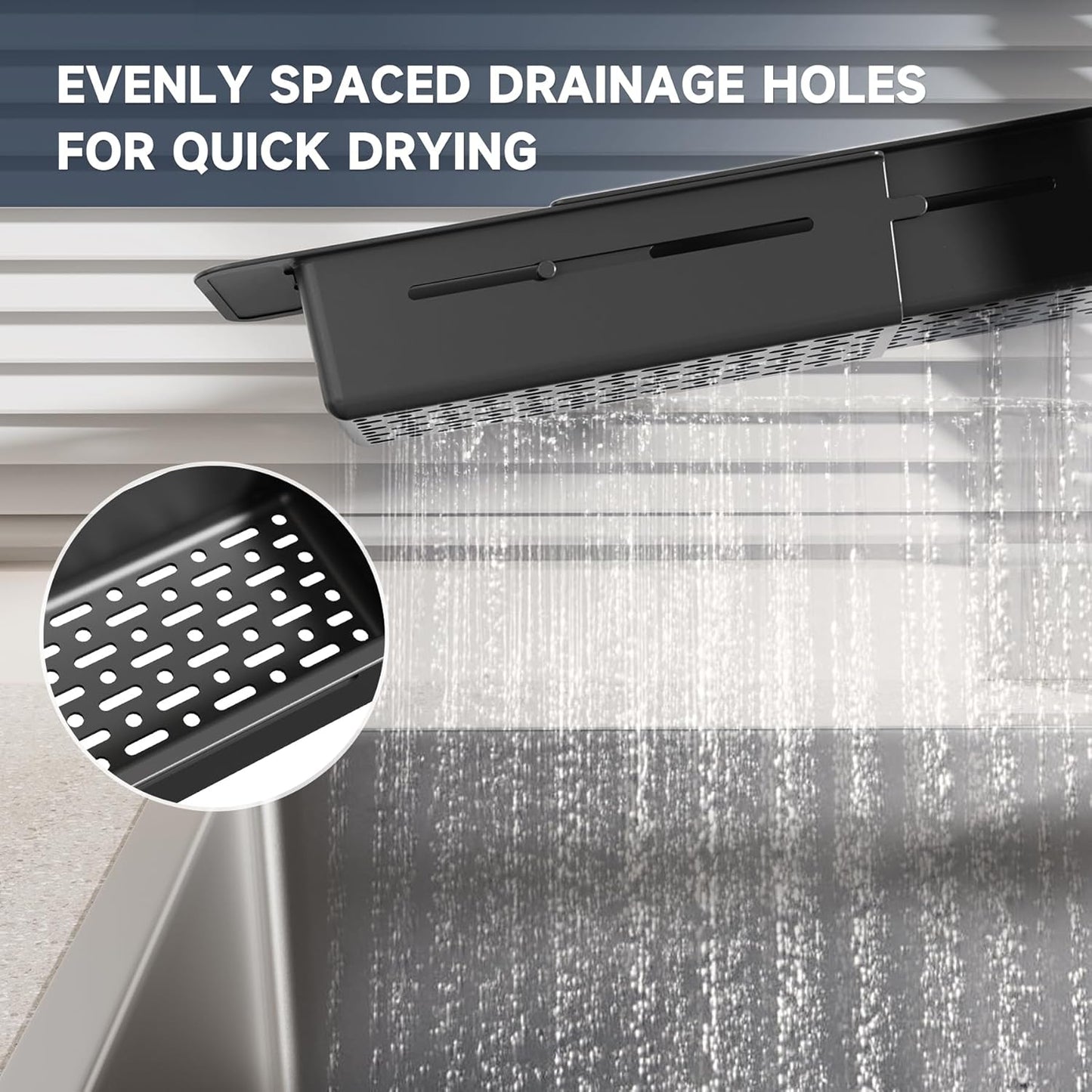 Extendable Kitchen Sink Caddy, Small Brush Sponge Storage Holder | Expandable Kitchen In Sink Organizer for Brush & Sponge with Drainage, Adjustable Length, Non-Slip Pads, Durable ABS (Black)