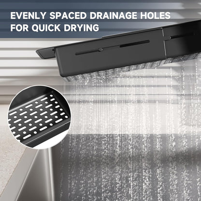 Extendable Kitchen Sink Caddy, Small Brush Sponge Storage Holder | Expandable Kitchen In Sink Organizer for Brush & Sponge with Drainage, Adjustable Length, Non-Slip Pads, Durable ABS (Black)