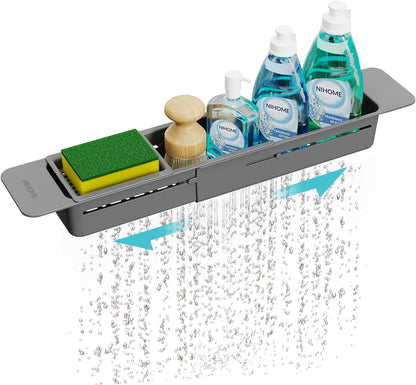 Extendable Kitchen Sink Caddy, Small Brush Sponge Storage Holder | Expandable Kitchen In Sink Organizer for Brush & Sponge with Drainage, Adjustable Length, Non-Slip Pads, Durable ABS (Black)