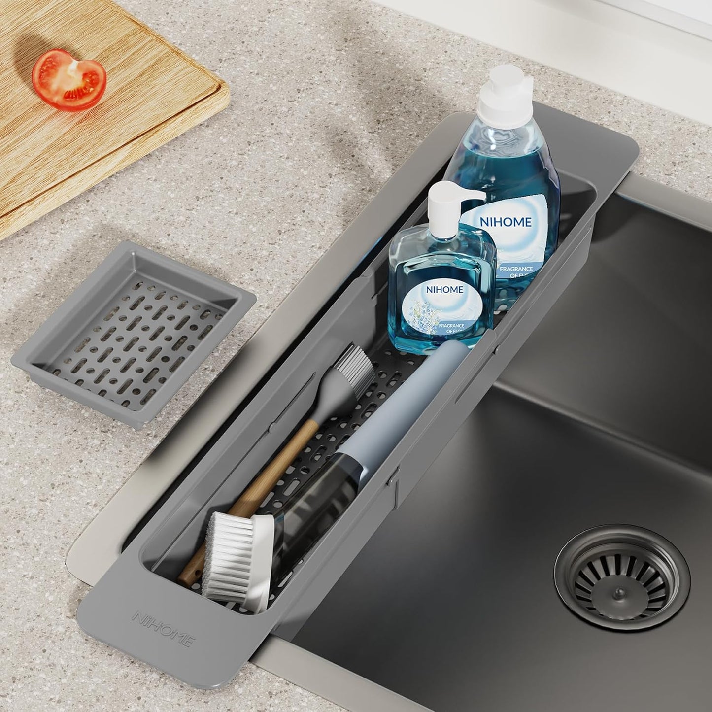 Extendable Kitchen Sink Caddy, Small Brush Sponge Storage Holder | Expandable Kitchen In Sink Organizer for Brush & Sponge with Drainage, Adjustable Length, Non-Slip Pads, Durable ABS (Black)