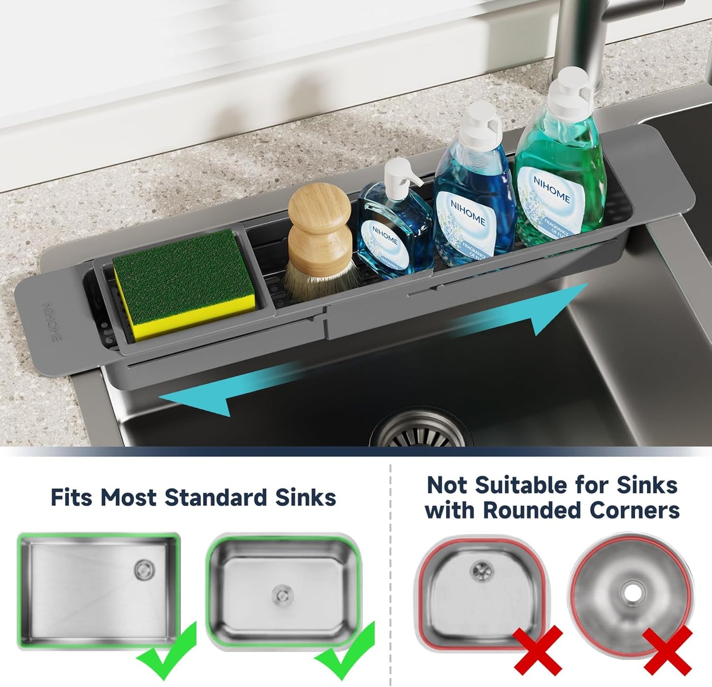 Extendable Kitchen Sink Caddy, Small Brush Sponge Storage Holder | Expandable Kitchen In Sink Organizer for Brush & Sponge with Drainage, Adjustable Length, Non-Slip Pads, Durable ABS (Black)