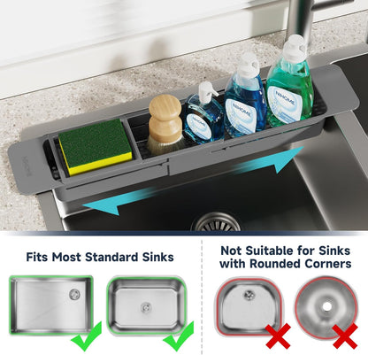 Extendable Kitchen Sink Caddy, Small Brush Sponge Storage Holder | Expandable Kitchen In Sink Organizer for Brush & Sponge with Drainage, Adjustable Length, Non-Slip Pads, Durable ABS (Black)
