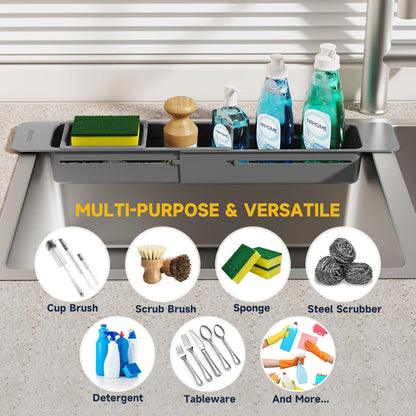 Extendable Kitchen Sink Caddy, Small Brush Sponge Storage Holder | Expandable Kitchen In Sink Organizer for Brush & Sponge with Drainage, Adjustable Length, Non-Slip Pads, Durable ABS (Black)