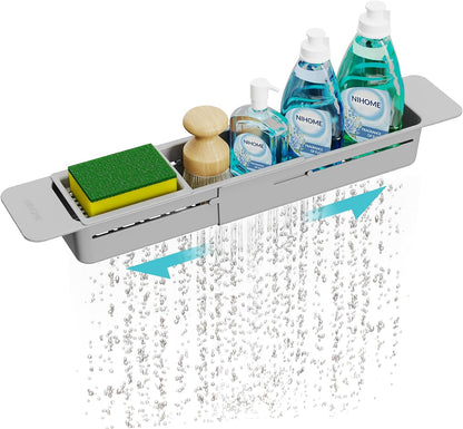 Extendable Kitchen Sink Caddy, Small Brush Sponge Storage Holder | Expandable Kitchen In Sink Organizer for Brush & Sponge with Drainage, Adjustable Length, Non-Slip Pads, Durable ABS (Black)