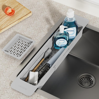 Extendable Kitchen Sink Caddy, Small Brush Sponge Storage Holder | Expandable Kitchen In Sink Organizer for Brush & Sponge with Drainage, Adjustable Length, Non-Slip Pads, Durable ABS (Black)