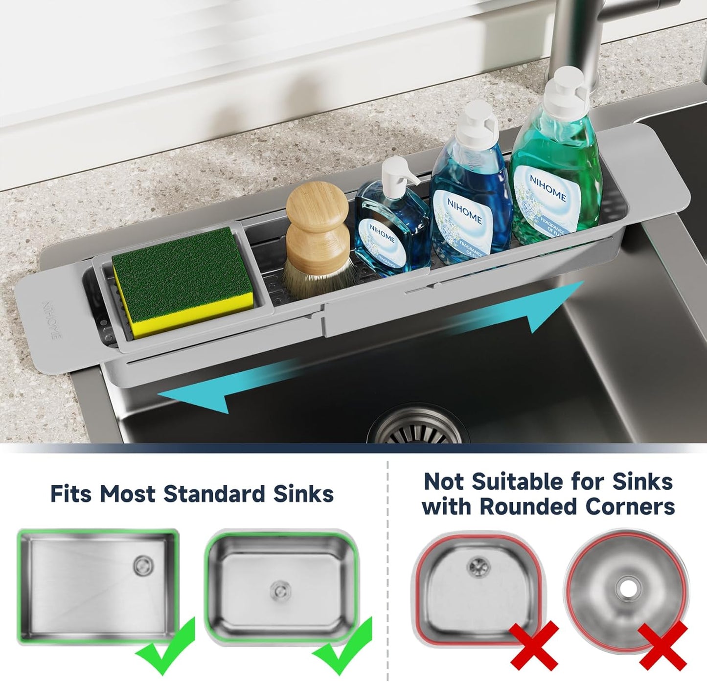 Extendable Kitchen Sink Caddy, Small Brush Sponge Storage Holder | Expandable Kitchen In Sink Organizer for Brush & Sponge with Drainage, Adjustable Length, Non-Slip Pads, Durable ABS (Black)