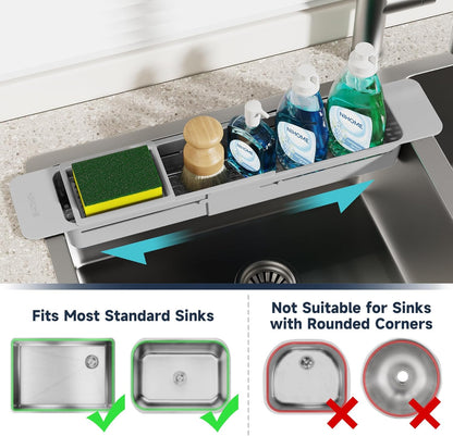 Extendable Kitchen Sink Caddy, Small Brush Sponge Storage Holder | Expandable Kitchen In Sink Organizer for Brush & Sponge with Drainage, Adjustable Length, Non-Slip Pads, Durable ABS (Black)