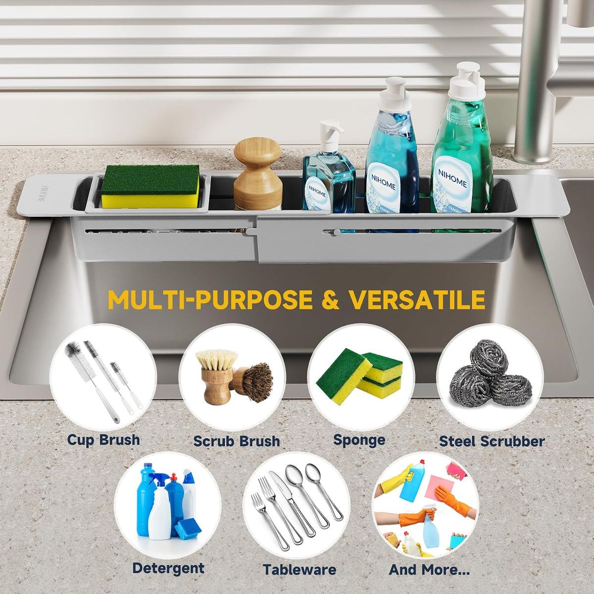 Extendable Kitchen Sink Caddy, Small Brush Sponge Storage Holder | Expandable Kitchen In Sink Organizer for Brush & Sponge with Drainage, Adjustable Length, Non-Slip Pads, Durable ABS (Black)