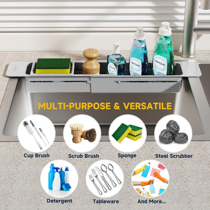Extendable Kitchen Sink Caddy, Small Brush Sponge Storage Holder | Expandable Kitchen In Sink Organizer for Brush & Sponge with Drainage, Adjustable Length, Non-Slip Pads, Durable ABS (Black)
