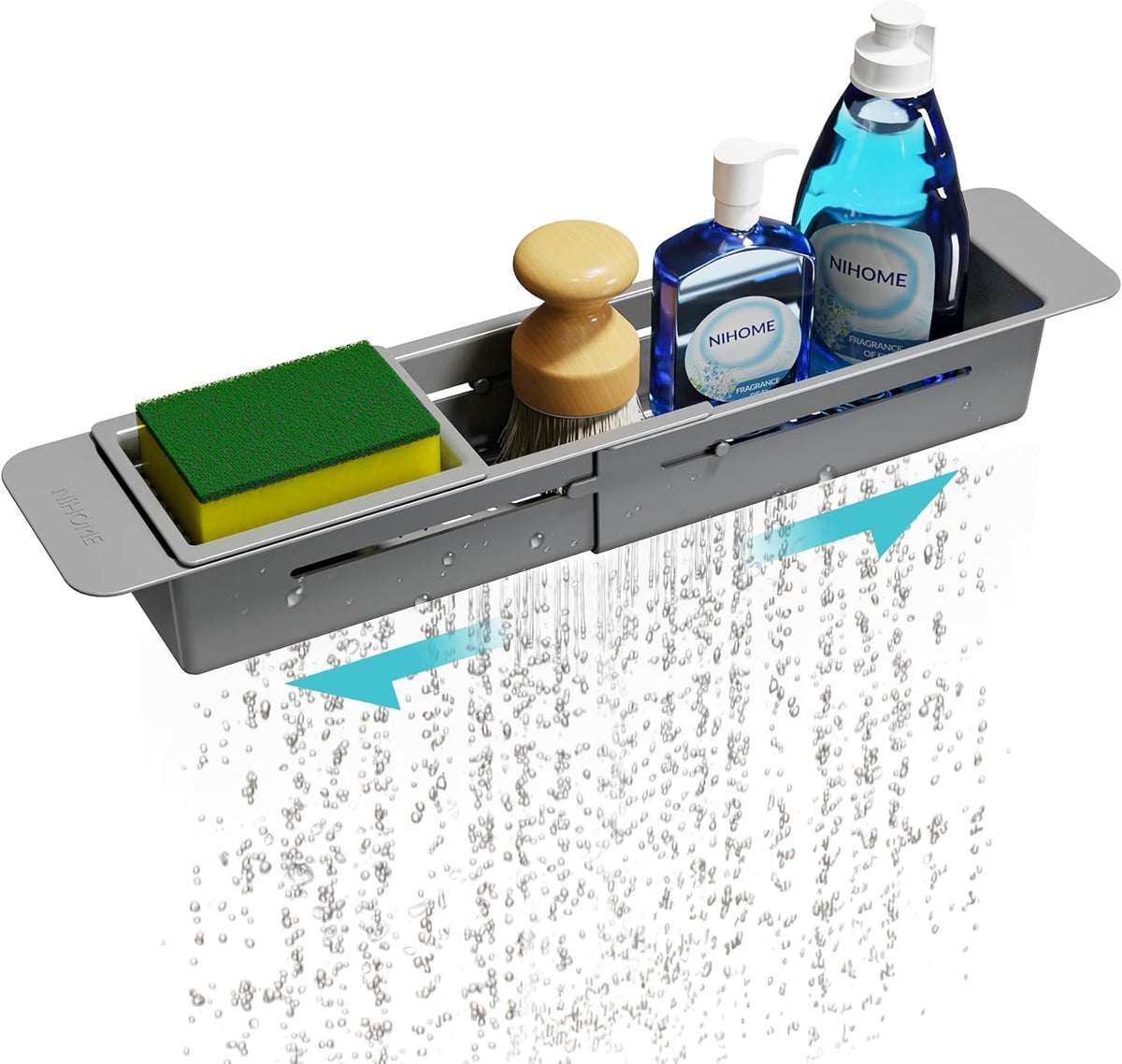 Extendable Kitchen Sink Caddy, Small Brush Sponge Storage Holder | Expandable Kitchen In Sink Organizer for Brush & Sponge with Drainage, Adjustable Length, Non-Slip Pads, Durable ABS (Black)