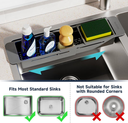 Extendable Kitchen Sink Caddy, Small Brush Sponge Storage Holder | Expandable Kitchen In Sink Organizer for Brush & Sponge with Drainage, Adjustable Length, Non-Slip Pads, Durable ABS (Black)