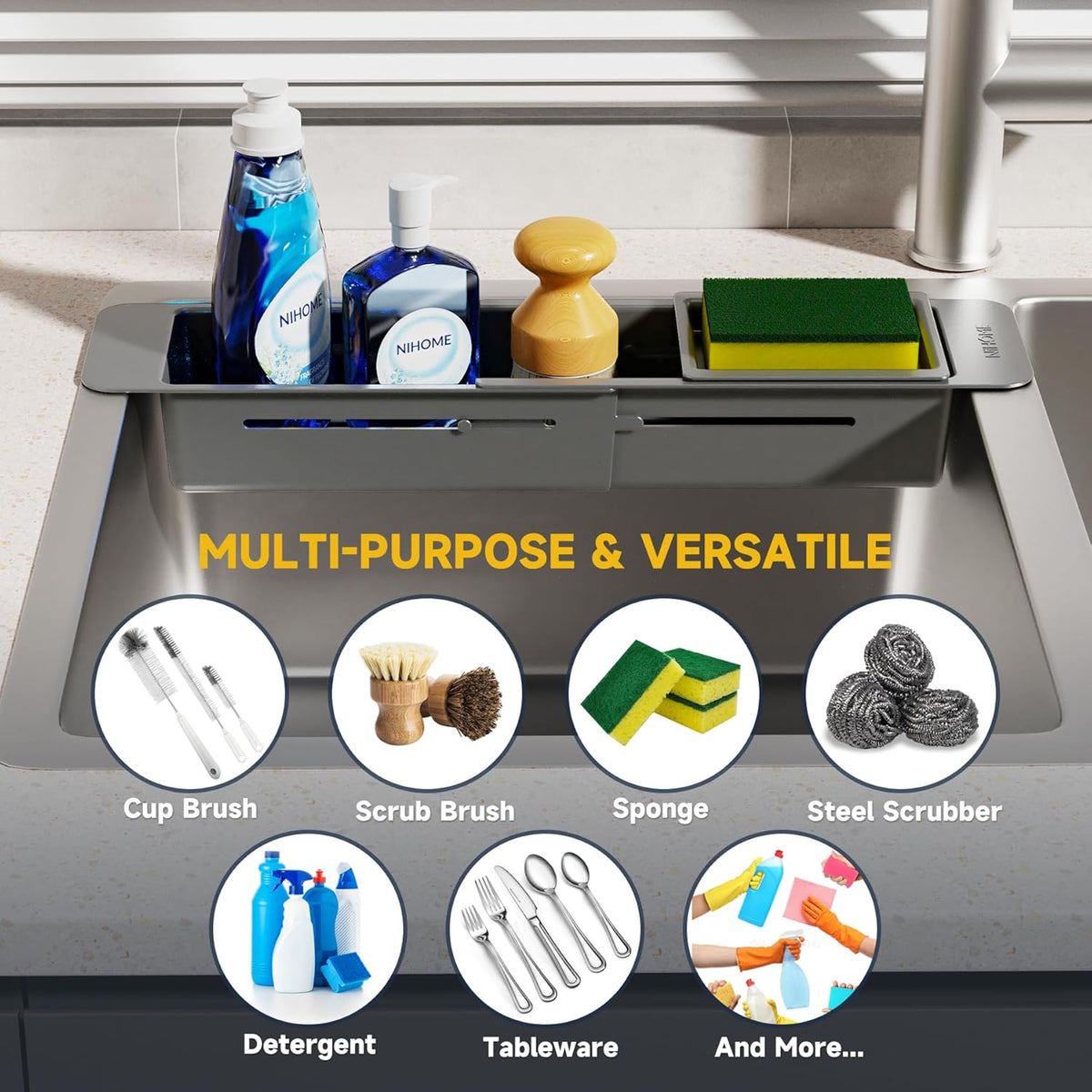 Extendable Kitchen Sink Caddy, Small Brush Sponge Storage Holder | Expandable Kitchen In Sink Organizer for Brush & Sponge with Drainage, Adjustable Length, Non-Slip Pads, Durable ABS (Black)