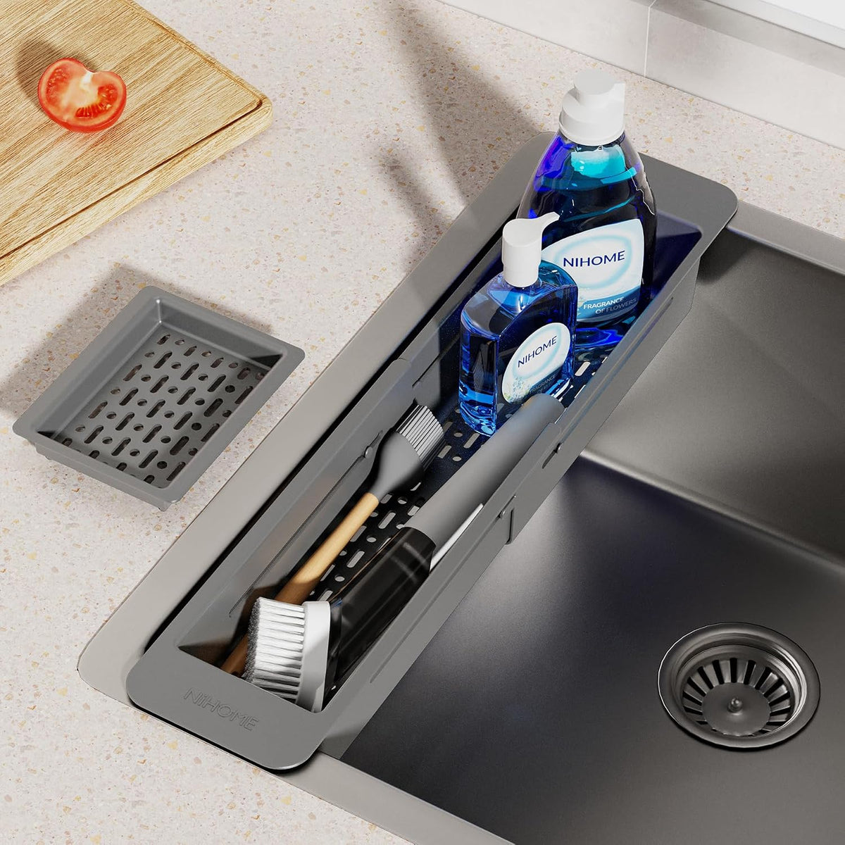 Extendable Kitchen Sink Caddy, Small Brush Sponge Storage Holder | Expandable Kitchen In Sink Organizer for Brush & Sponge with Drainage, Adjustable Length, Non-Slip Pads, Durable ABS (Black)