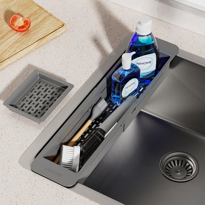 Extendable Kitchen Sink Caddy, Small Brush Sponge Storage Holder | Expandable Kitchen In Sink Organizer for Brush & Sponge with Drainage, Adjustable Length, Non-Slip Pads, Durable ABS (Black)