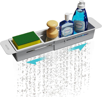 Extendable Kitchen Sink Caddy, Small Brush Sponge Storage Holder | Expandable Kitchen In Sink Organizer for Brush & Sponge with Drainage, Adjustable Length, Non-Slip Pads, Durable ABS (Black)