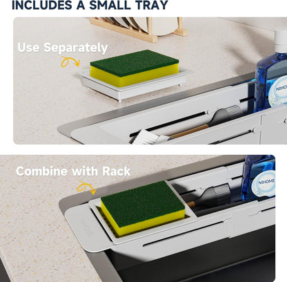 Extendable Kitchen Sink Caddy, Small Brush Sponge Storage Holder | Expandable Kitchen In Sink Organizer for Brush & Sponge with Drainage, Adjustable Length, Non-Slip Pads, Durable ABS (Black)