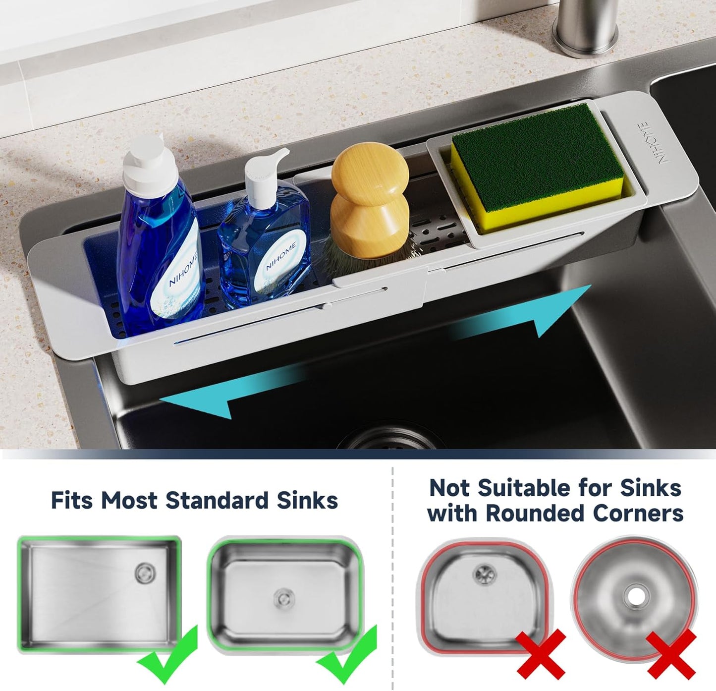 Extendable Kitchen Sink Caddy, Small Brush Sponge Storage Holder | Expandable Kitchen In Sink Organizer for Brush & Sponge with Drainage, Adjustable Length, Non-Slip Pads, Durable ABS (Black)