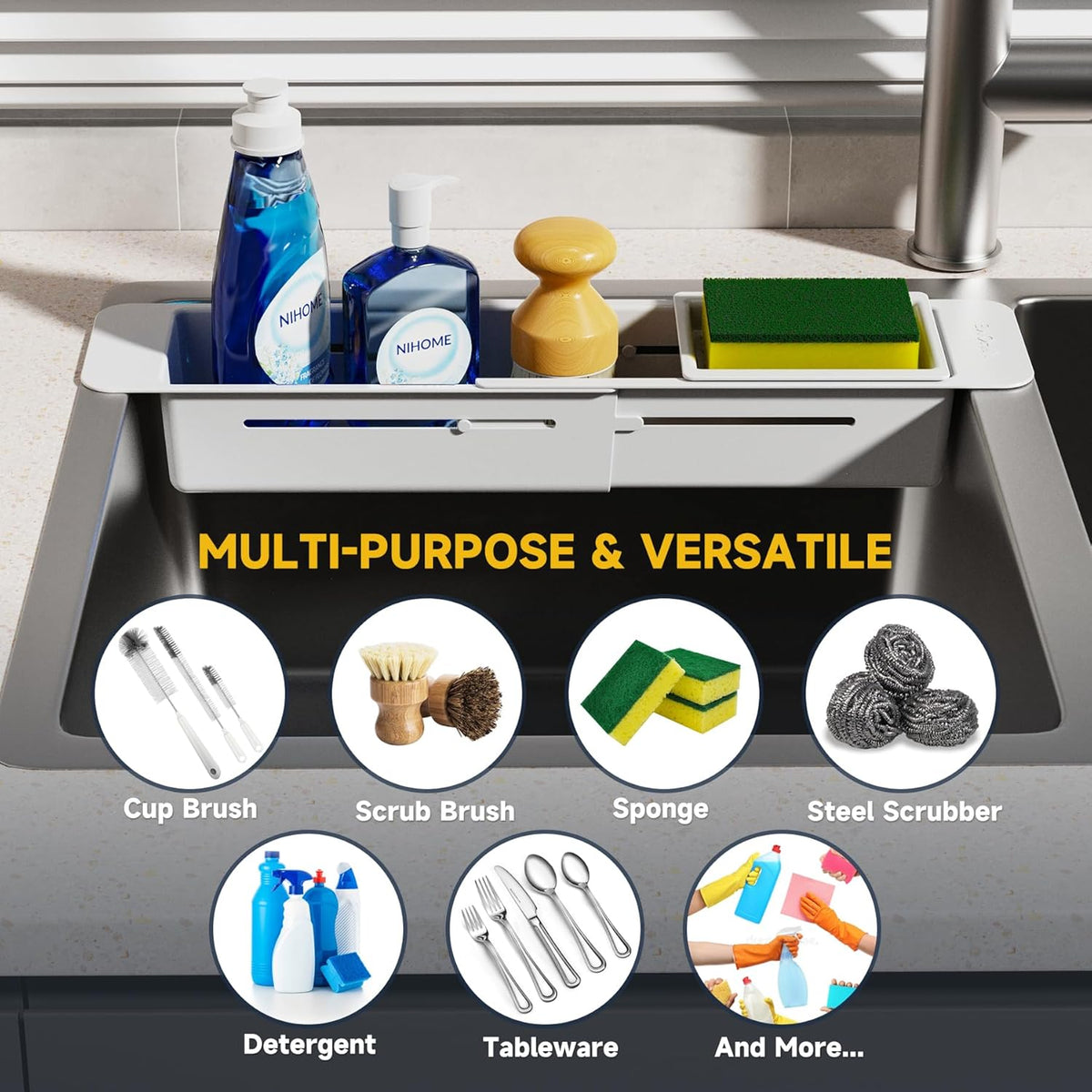 Extendable Kitchen Sink Caddy, Small Brush Sponge Storage Holder | Expandable Kitchen In Sink Organizer for Brush & Sponge with Drainage, Adjustable Length, Non-Slip Pads, Durable ABS (Black)
