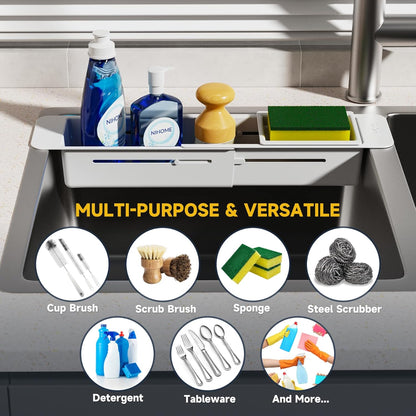 Extendable Kitchen Sink Caddy, Small Brush Sponge Storage Holder | Expandable Kitchen In Sink Organizer for Brush & Sponge with Drainage, Adjustable Length, Non-Slip Pads, Durable ABS (Black)