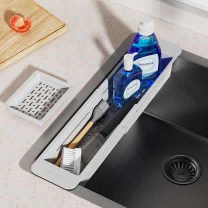 Extendable Kitchen Sink Caddy, Small Brush Sponge Storage Holder | Expandable Kitchen In Sink Organizer for Brush & Sponge with Drainage, Adjustable Length, Non-Slip Pads, Durable ABS (Black)