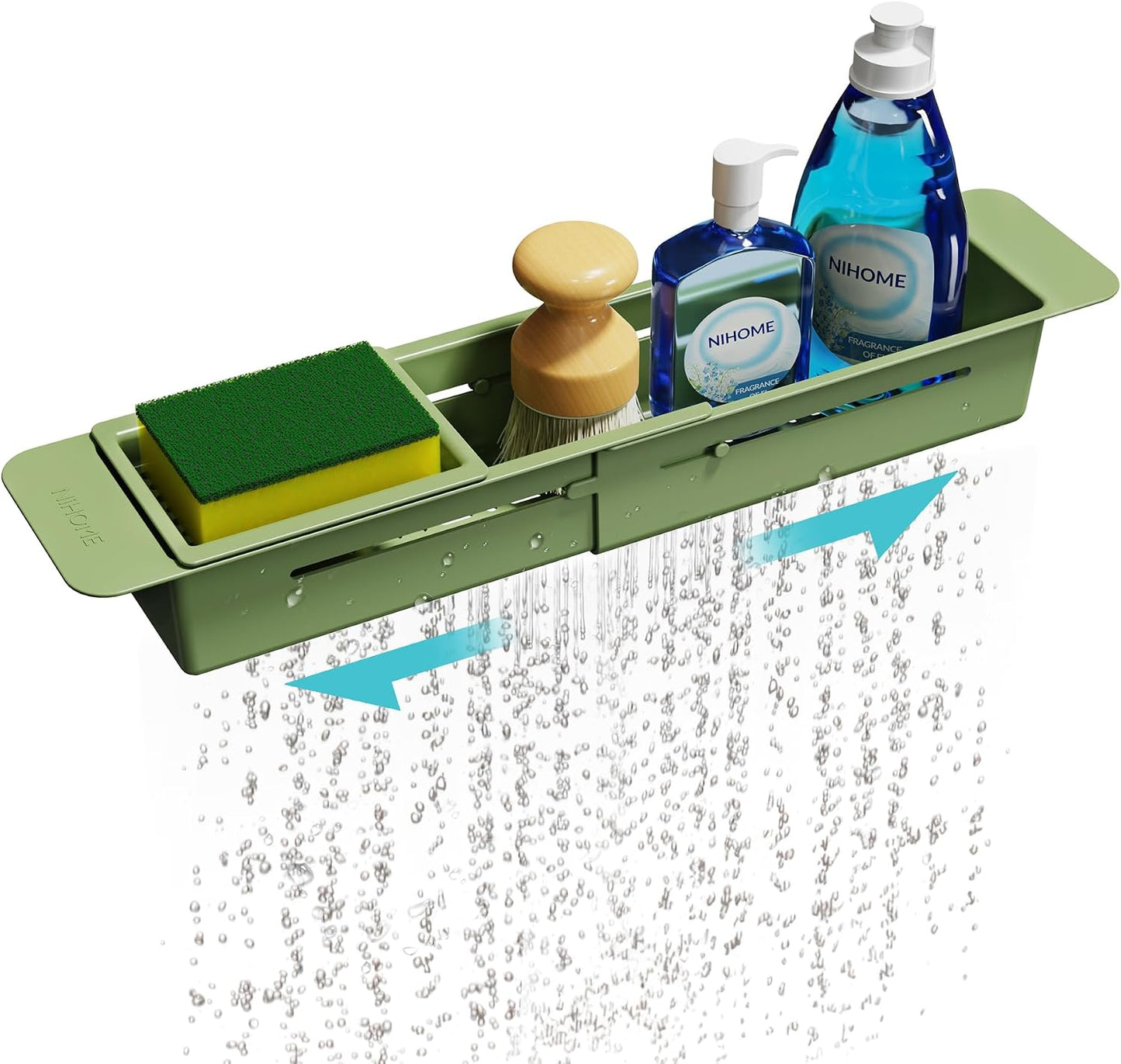 Extendable Kitchen Sink Caddy, Small Brush Sponge Storage Holder | Expandable Kitchen In Sink Organizer for Brush & Sponge with Drainage, Adjustable Length, Non-Slip Pads, Durable ABS (Black)