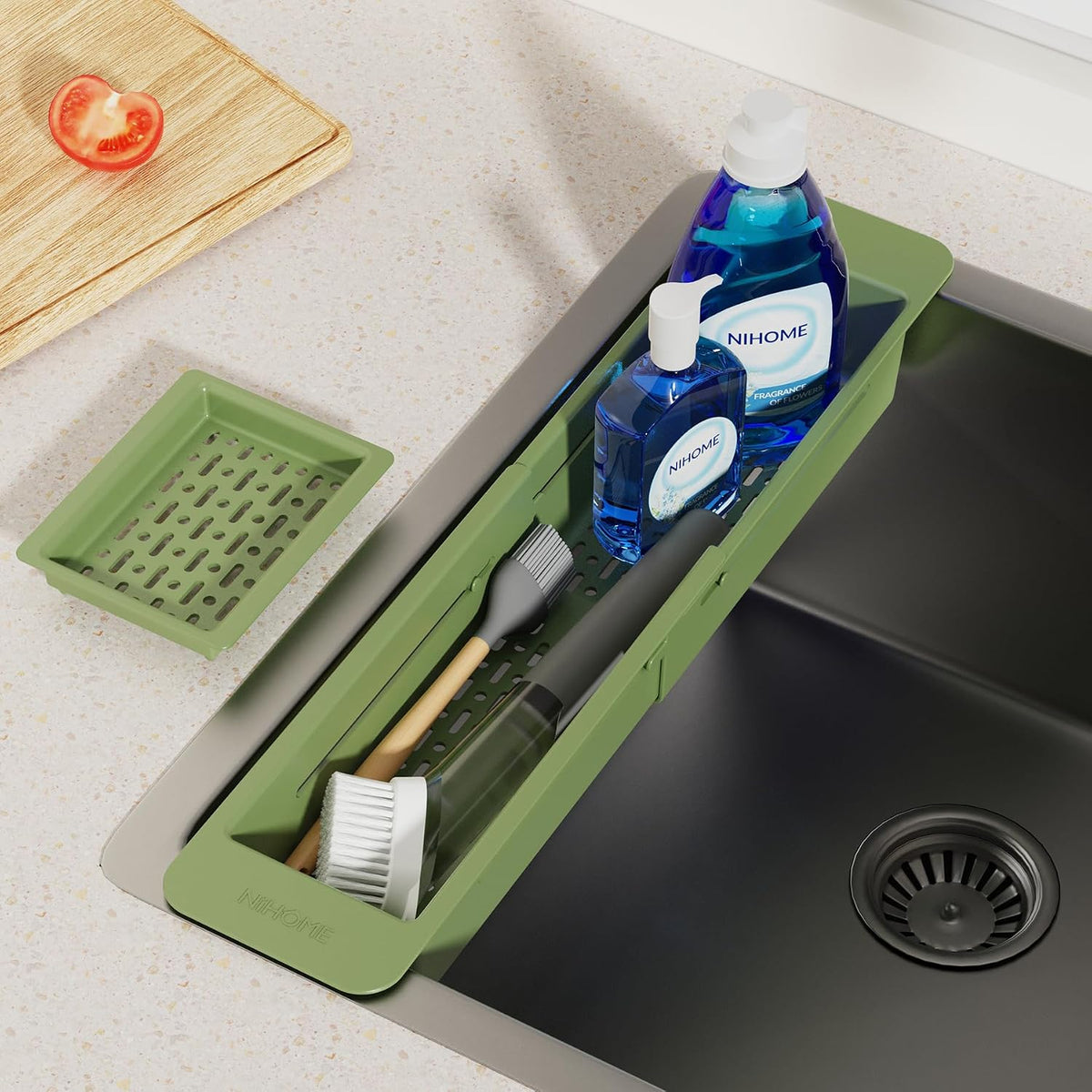 Extendable Kitchen Sink Caddy, Small Brush Sponge Storage Holder | Expandable Kitchen In Sink Organizer for Brush & Sponge with Drainage, Adjustable Length, Non-Slip Pads, Durable ABS (Black)