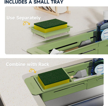 Extendable Kitchen Sink Caddy, Small Brush Sponge Storage Holder | Expandable Kitchen In Sink Organizer for Brush & Sponge with Drainage, Adjustable Length, Non-Slip Pads, Durable ABS (Black)