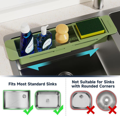 Extendable Kitchen Sink Caddy, Small Brush Sponge Storage Holder | Expandable Kitchen In Sink Organizer for Brush & Sponge with Drainage, Adjustable Length, Non-Slip Pads, Durable ABS (Black)