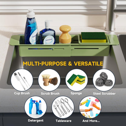 Extendable Kitchen Sink Caddy, Small Brush Sponge Storage Holder | Expandable Kitchen In Sink Organizer for Brush & Sponge with Drainage, Adjustable Length, Non-Slip Pads, Durable ABS (Black)