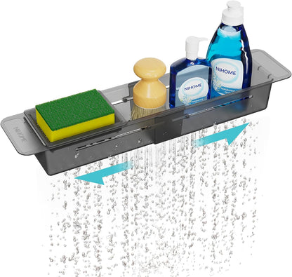 Extendable Kitchen Sink Caddy, Small Brush Sponge Storage Holder | Expandable Kitchen In Sink Organizer for Brush & Sponge with Drainage, Adjustable Length, Non-Slip Pads, Durable ABS (Black)