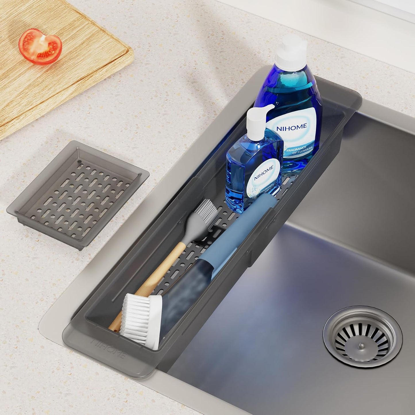 Extendable Kitchen Sink Caddy, Small Brush Sponge Storage Holder | Expandable Kitchen In Sink Organizer for Brush & Sponge with Drainage, Adjustable Length, Non-Slip Pads, Durable ABS (Black)