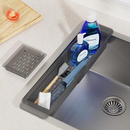 Extendable Kitchen Sink Caddy, Small Brush Sponge Storage Holder | Expandable Kitchen In Sink Organizer for Brush & Sponge with Drainage, Adjustable Length, Non-Slip Pads, Durable ABS (Black)