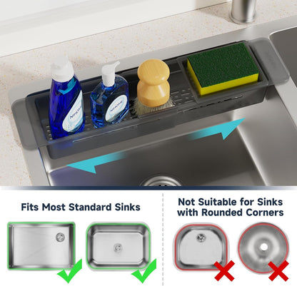 Extendable Kitchen Sink Caddy, Small Brush Sponge Storage Holder | Expandable Kitchen In Sink Organizer for Brush & Sponge with Drainage, Adjustable Length, Non-Slip Pads, Durable ABS (Black)