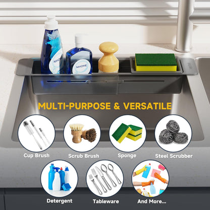 Extendable Kitchen Sink Caddy, Small Brush Sponge Storage Holder | Expandable Kitchen In Sink Organizer for Brush & Sponge with Drainage, Adjustable Length, Non-Slip Pads, Durable ABS (Black)