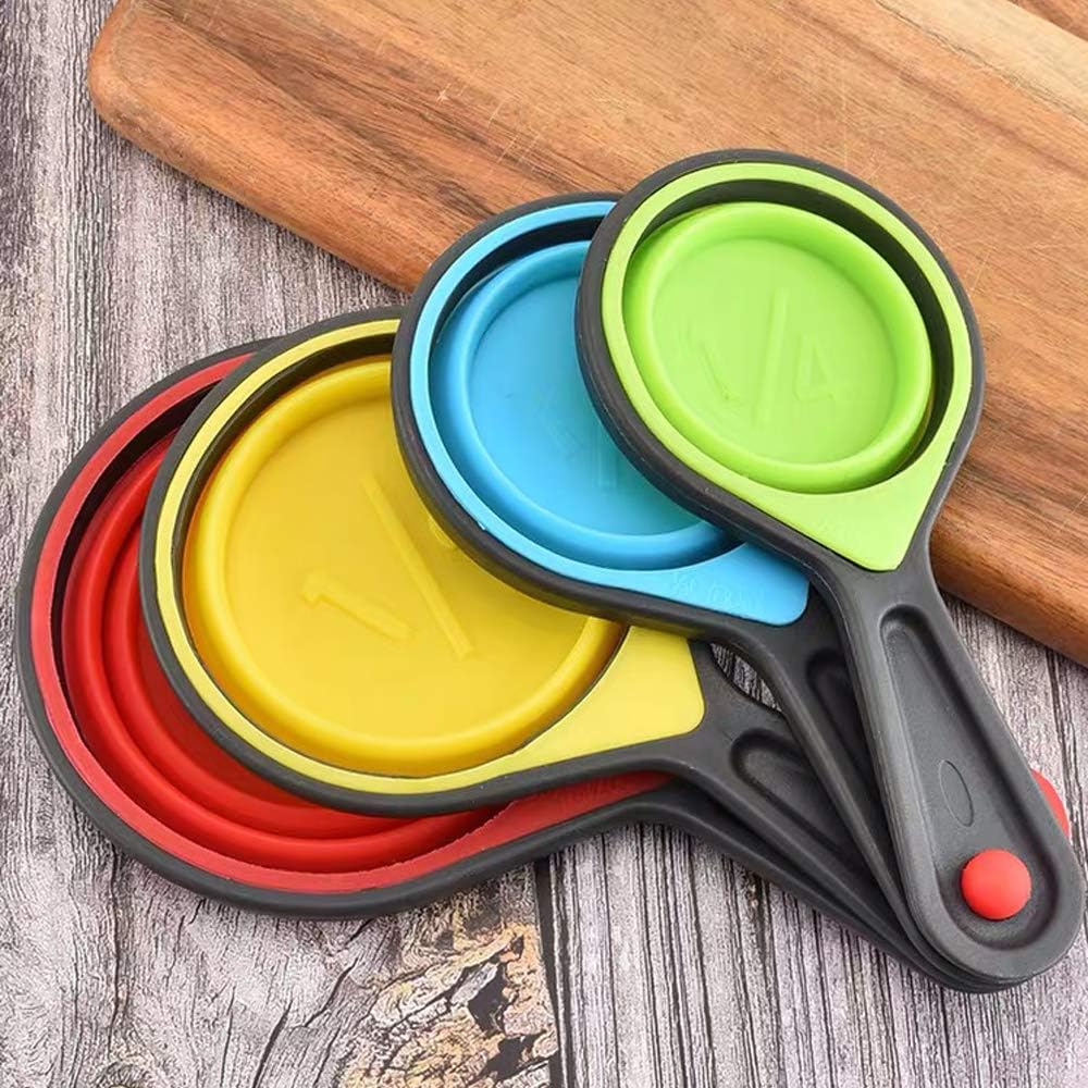 Collapsible Measuring Cups and Spoons, Portable Measuring Cup，Food Grade Silicone for Liquid & Dry Measuring, 8 Piece Kitchen Measuring Tool