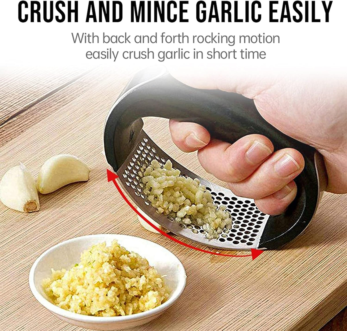 Garlic Press Rocker, Stainless Steel Garlic Mincer Crusher Professional Kitchen Gadgets Garlic Chopper with Ergonomic Handle, Silicone Garlic Peeler