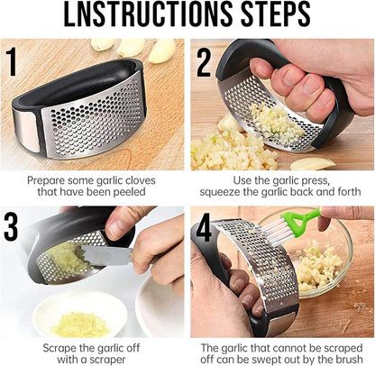 Garlic Press Rocker, Stainless Steel Garlic Mincer Crusher Professional Kitchen Gadgets Garlic Chopper with Ergonomic Handle, Silicone Garlic Peeler