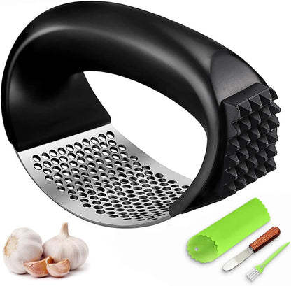 Garlic Press Rocker, Stainless Steel Garlic Mincer Crusher Professional Kitchen Gadgets Garlic Chopper with Ergonomic Handle, Silicone Garlic Peeler