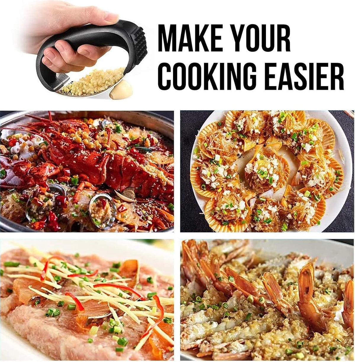 Garlic Press Rocker, Stainless Steel Garlic Mincer Crusher Professional Kitchen Gadgets Garlic Chopper with Ergonomic Handle, Silicone Garlic Peeler