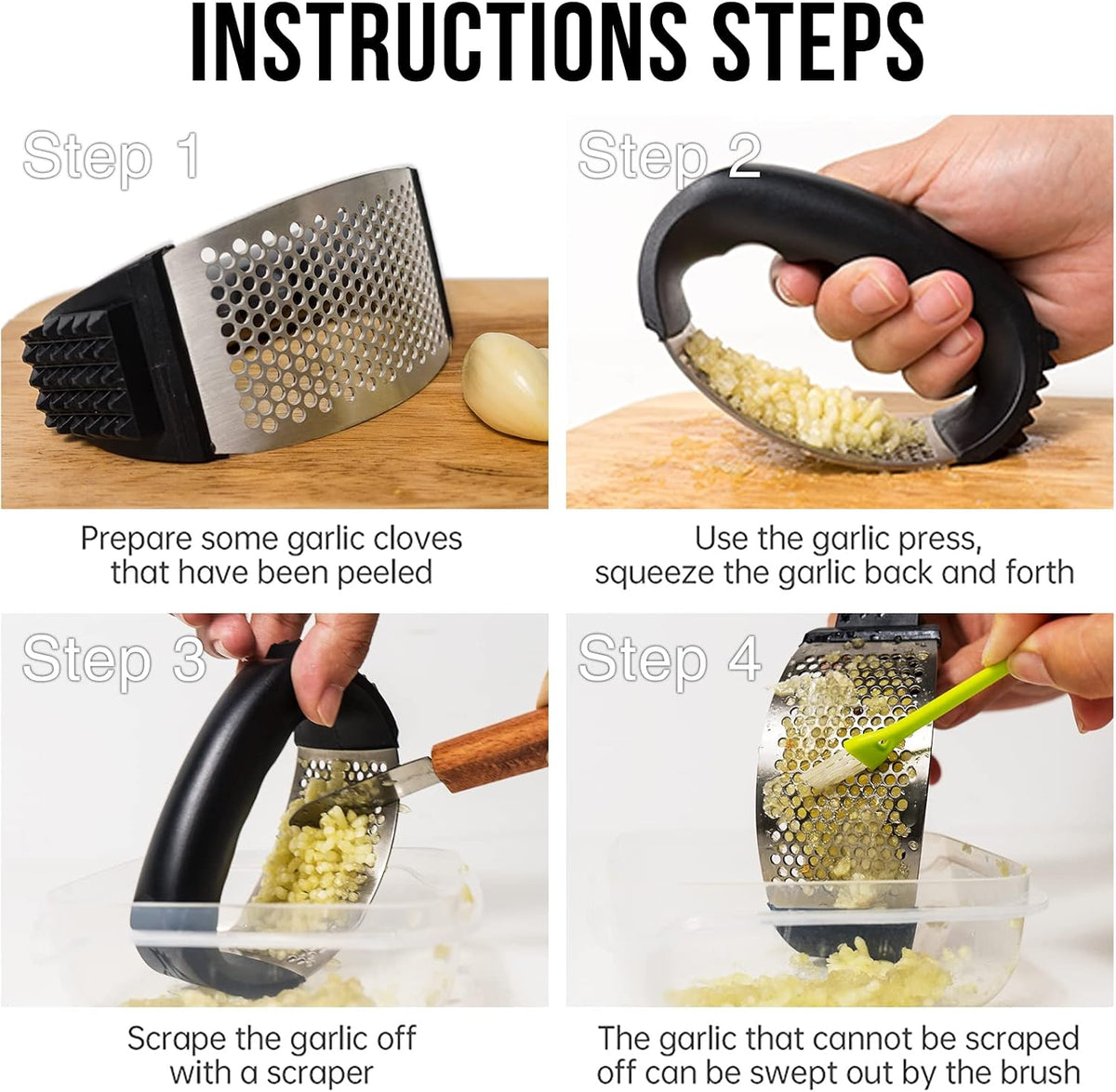 Garlic Press Rocker, Stainless Steel Garlic Mincer Crusher Professional Kitchen Gadgets Garlic Chopper with Ergonomic Handle, Silicone Garlic Peeler